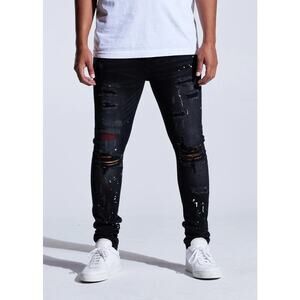 Crysp Denim Men's Distressed Rip & Repair Paint Splatter Skinny Fit Black Jeans